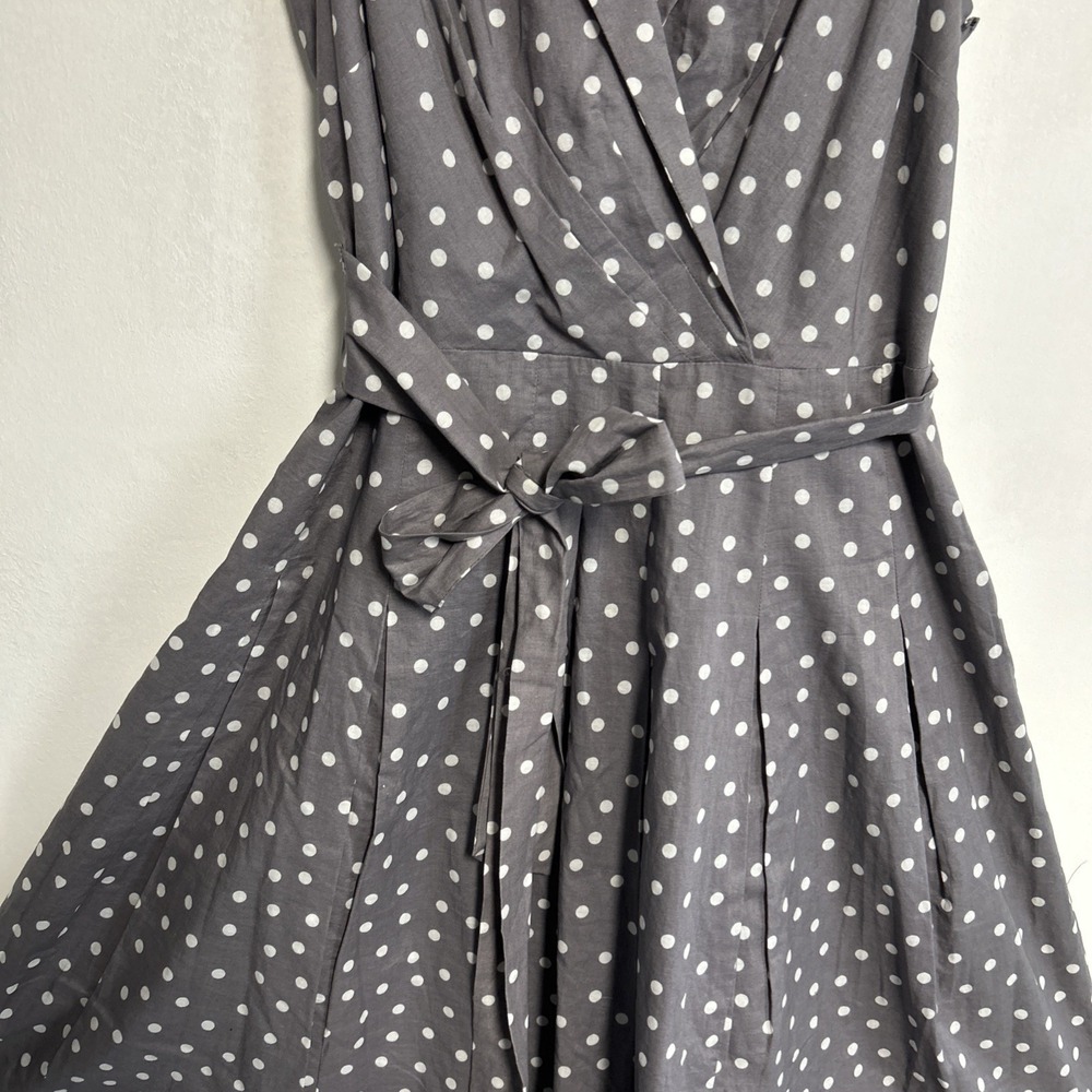 Evan Picone Women's 10 Gray White Polka Dot Dress Belted Sleeveless Collar Zip‎ - Picture 2 of 16
